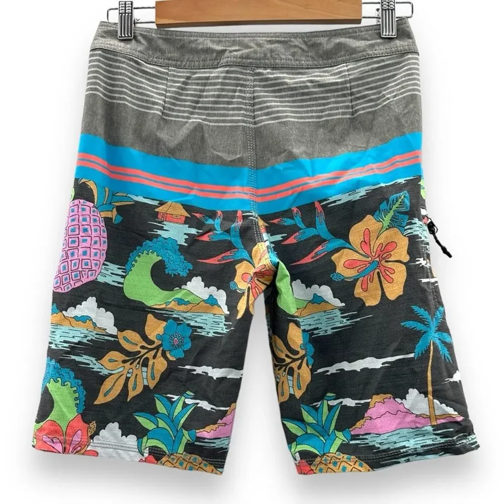 Nauset Surf Gray Multicolor Tropical‎ Floral Palm Tree Print Swim Trunks Sz 27